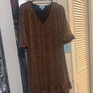 CeCe Brown and Black Leopard Print V-Neck Ruffle Dress